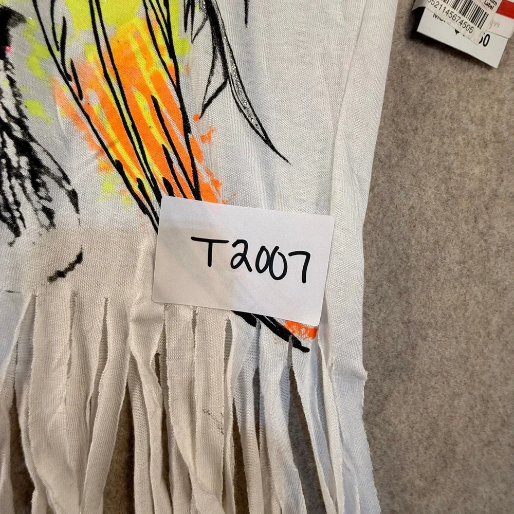 Fresh Brewed Womens White Neon Feather Graphic Fringe T-Shirt Size M NTW Y2K - Picture 2 of 8